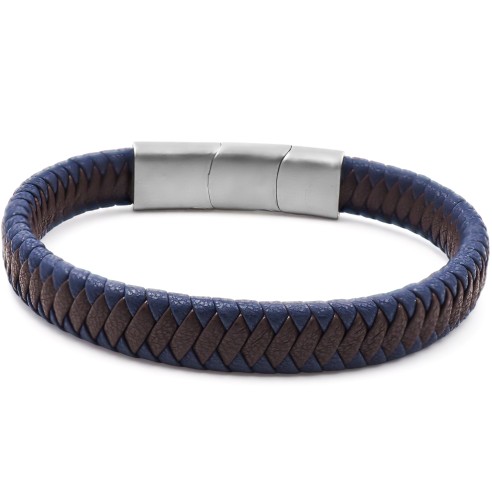 Bracelet acier pour homme - imitation cuir tressé marron et bleu - 19,5+1,5cm