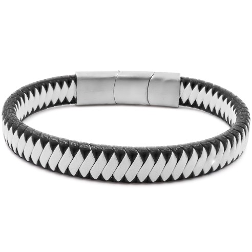 Bracelet acier pour homme - imitation cuir tressé noir et blanc - 19,5+1,5cm