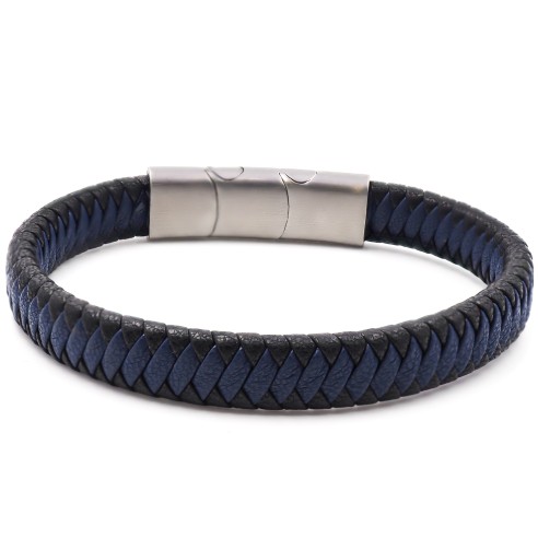 Bracelet acier pour homme - imitation cuir tressé noir et bleu - 19,5+1,5cm