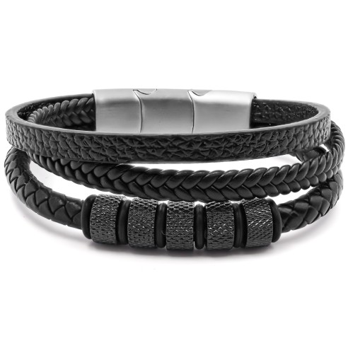 Bracelet acier pour homme - imitation cuir 3 rangs noirs - composants acier - 19,5+1,5cm