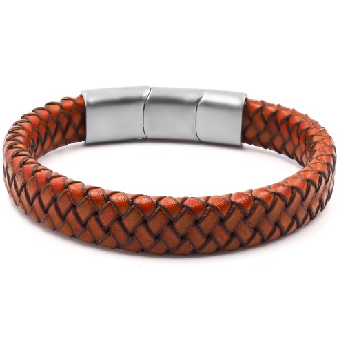 Bracelet acier pour homme - imitation cuir tressé orange - 19,5+1,5cm