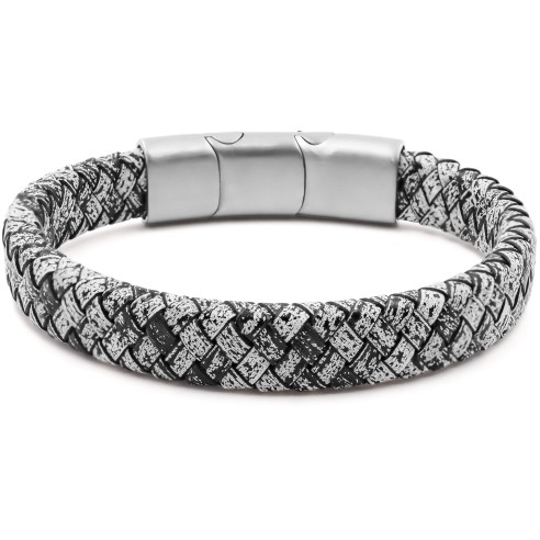 Bracelet acier pour homme - imitation cuir tressé blanc et noir - 19,5+1,5cm