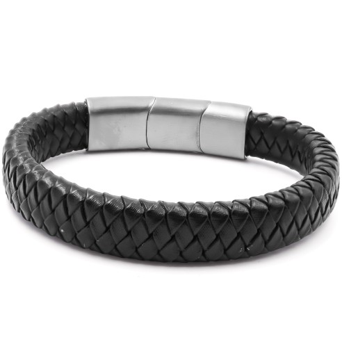 Bracelet acier pour homme - imitation cuir tressé noir - 19,5+1,5cm