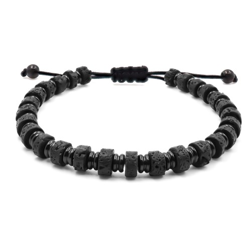 Bracelet acier PVD noir - disques pierre de lave 6x4mm - coton noir - réglable 18-22cm