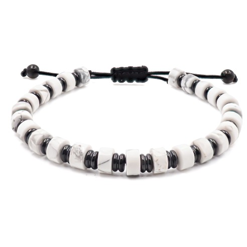 Bracelet acier PVD noir - disques howlite blanche 6x4mm - coton noir - réglable 18-22cm