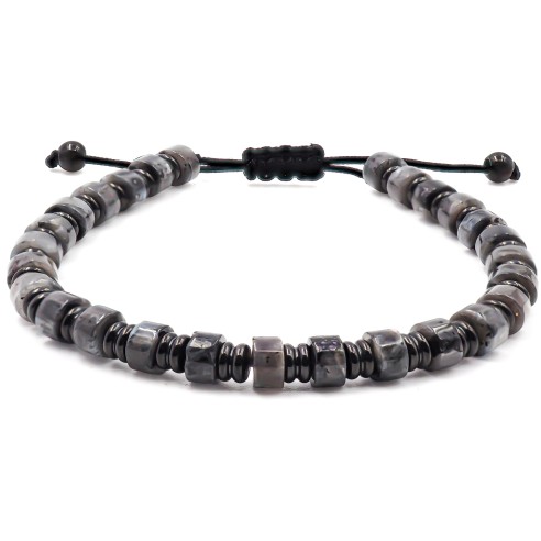 Bracelet acier PVD noir - disques jaspe gris 6x4mm - coton noir - réglable 18-22cm