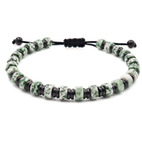 Bracelet acier PVD noir - disques jaspe vert 6x4mm - coton noir - réglable 18-22cm