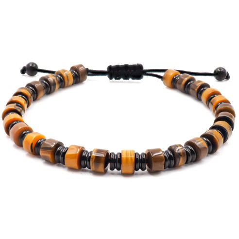 Bracelet acier PVD noir - disques œil de tigre 6x4mm - coton noir - réglable 18-22cm