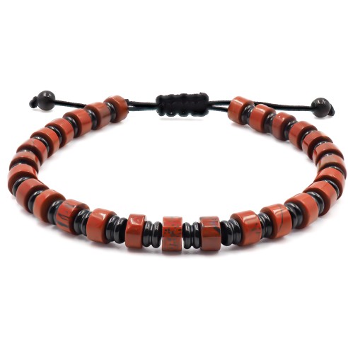 Bracelet acier PVD noir - disques jaspe rouge 6x4mm - coton noir - réglable 18-22cm