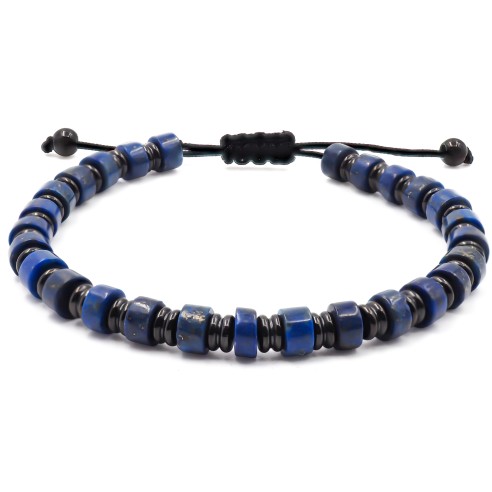 Bracelet acier PVD noir - disques lapis lazuli 6x4mm - coton noir - réglable 18-22cm