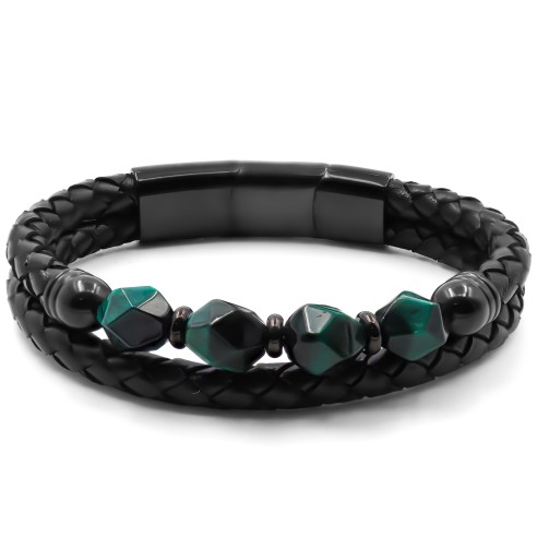 Bracelet acier PVD noir - 4 billes œil de tigre vert facettées 8mm - cuir noir - 19+1,5cm