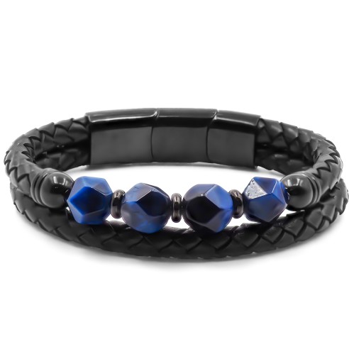 Bracelet acier PVD noir - 4 billes œil de tigre bleu facettées 8mm - cuir noir - 19+1,5cm