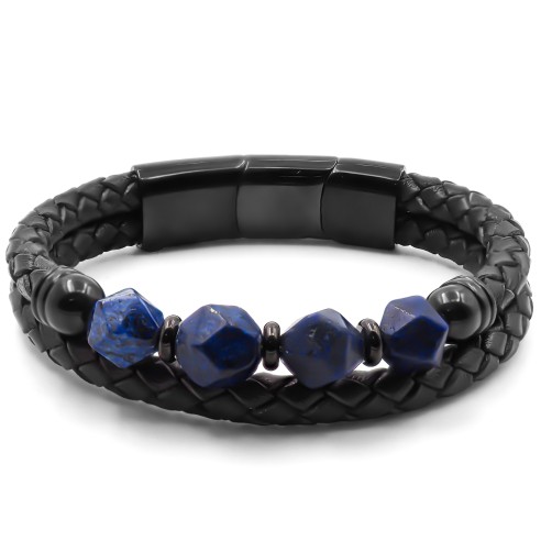 Bracelet acier PVD noir - 4 billes lapiz lazuli facettées 8mm - cuir marron - 19+1,5cm