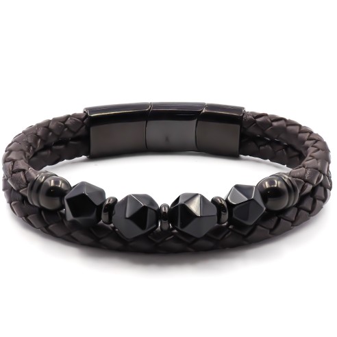 Bracelet acier PVD noir - 4 billes onyx facettées 8mm - cuir marron - 19+1,5cm