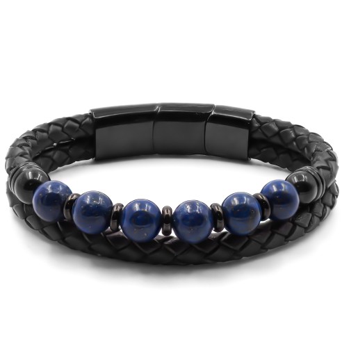 Bracelet acier PVD noir - billes lapis lazuli 8mm - cuir marron - 19+1,5cm