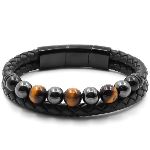 Bracelet acier PVD noir - billes œil de tigre et hématite 8mm - cuir marron - 19+1,5cm