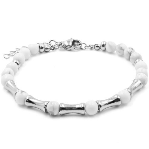 Bracelet acier - howlite blanche - billes 4mm - 15+4cm