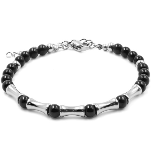 Bracelet acier - onyx - billes 4mm - 15+4cm