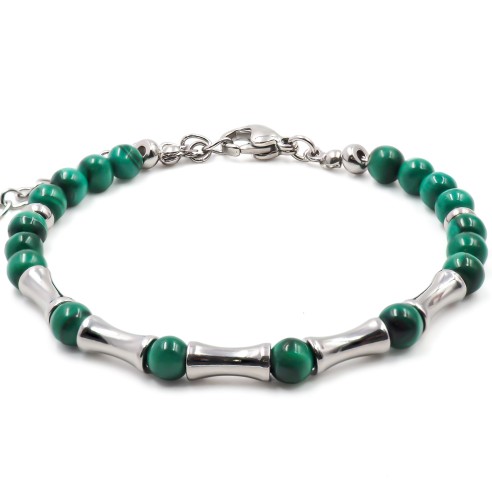 Bracelet acier - malachite - billes 4mm - 15+4cm