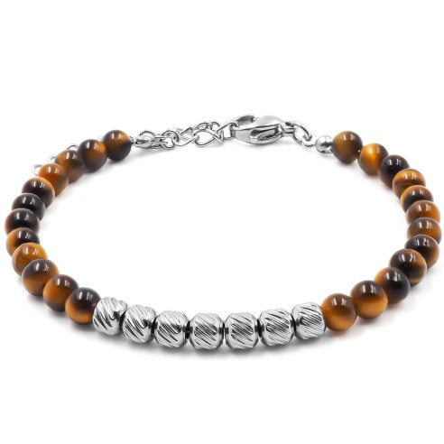 Bracelet acier - billes 4mm œil de tigre - 15+4cm