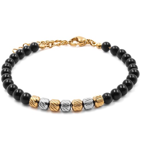 Bracelet acier doré - billes 4mm onyx - 15+4cm