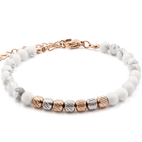 Bracelet acier rosé - billes 4mm howlite blanche - 15+4cm