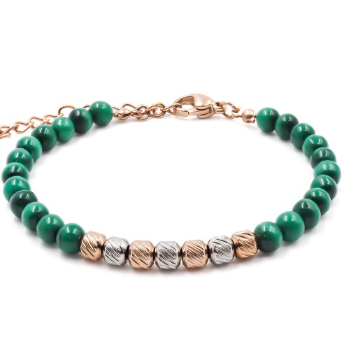 Bracelet acier rosé - billes 4mm malachite - 15+4cm