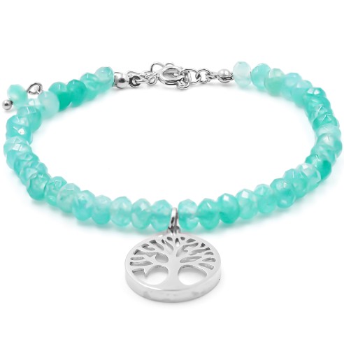 Bracelet acier - amazonite facettée 4mm - arbre de vie en nacre 13mm - 15+4cm