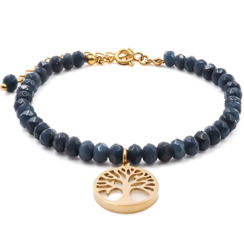 Bracelet acier doré - lapiz lazuli facettée 4mm - arbre de vie en nacre 13mm - 15+4cm