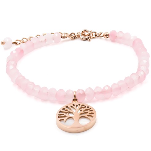 Bracelet acier rosé - quartz rose facettée 4mm - arbre de vie en nacre 13mm - 15+4cm