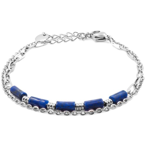 Bracelet acier 2 rangs - 4 tubes lapis lazuli 6x2mm - 15+4cm