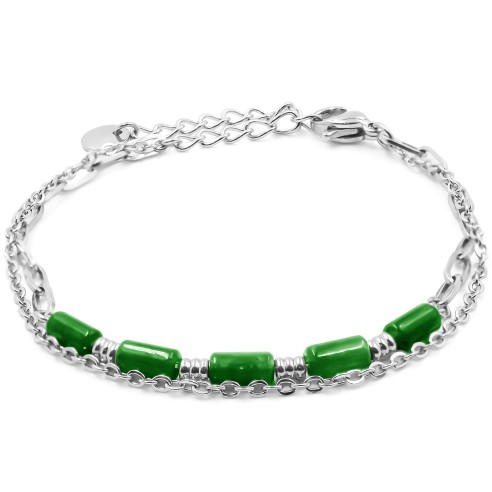 Bracelet acier 2 rangs - 4 tubes agate verte 6x2mm - 15+4cm