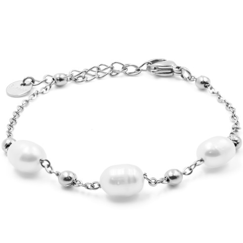 Bracelet acier - perles naturelles - 15+4cm