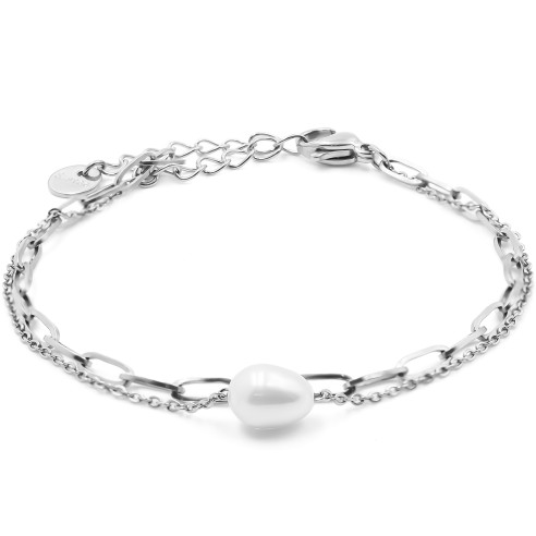 Bracelet acier 2 rangs - perle naturelle - 15+4cm