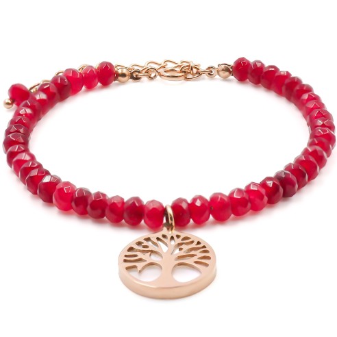 Bracelet acier rosé - quartz rouge facettée 4mm - arbre de vie en nacre 13mm - 15+4cm