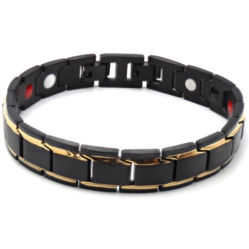 Bracelet magnétique en acier - PVD noir et doré - largeur 12mm - longueur 21cm