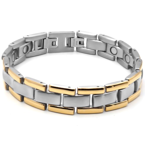 Bracelet magnétique en acier - PVD noir et doré - largeur 12mm - longueur 21cm