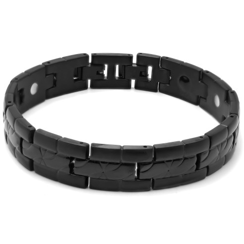 Bracelet magnétique en acier - PVD noir - fibre de carbone - largeur 12mm - 21cm