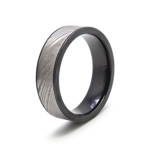 Bague en black zirconium - acier damas véritable incrusté - largeur 6mm - T58 à 68