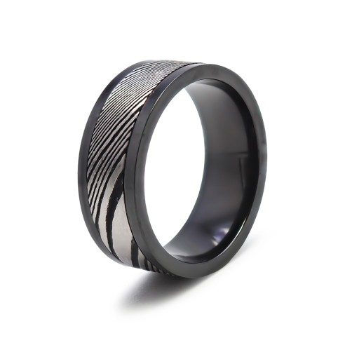 Bague en black zirconium - acier damas véritable incrusté - largeur 8mm - T58 à 68