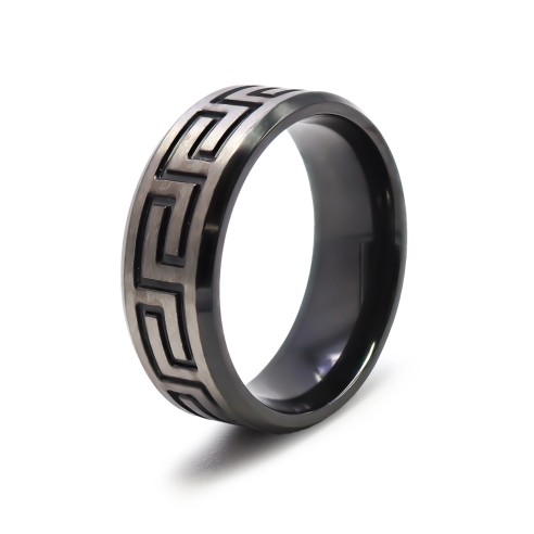 Bague en black zirconium 2 tons - signe aztec - finition brossée - largeur 8mm - Taille 58 à 68