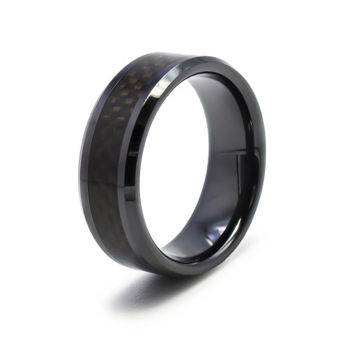 Bague en black zirconium - fibre de carbone noire incrustée - largeur 8mm - Taille 58 à 68