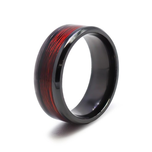 Bague en black zirconium - câble rouge incrusté - largeur 8mm - Taille 58 à 68