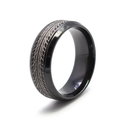 Bague en black zirconium 2 tons - motifs modernes - finition corrosion - largeur 8mm - Taille 58 à 68