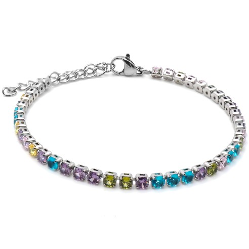 Bracelet acier  - zircons mutlicolors ronds facettés 4mm - 15+5cm