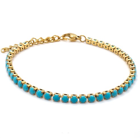 Bracelet acier - PVD doré - pierre imitation turquoise facettée 3mm - 15+5cm