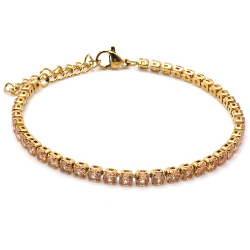 Bracelet acier - PVD doré - zircons champagnes facettés 3mm - 15+5cm