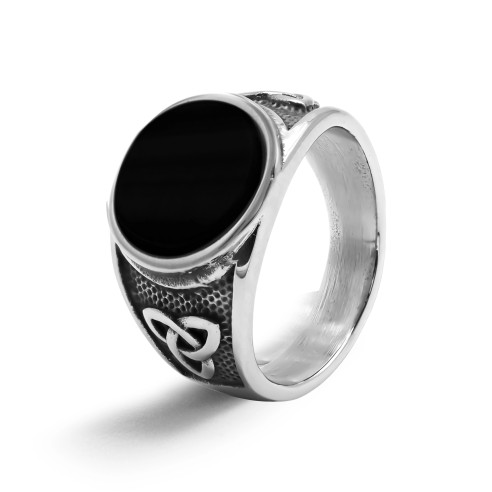 Chevalière en acier homme - finition vintage - pierre plate onyx diamètre 13mm - T56 à 70