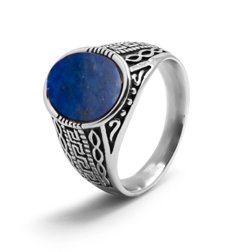 Chevalière en acier homme - finition vintage - cabochon lapis lazuli 16x12mm - T56 à 70