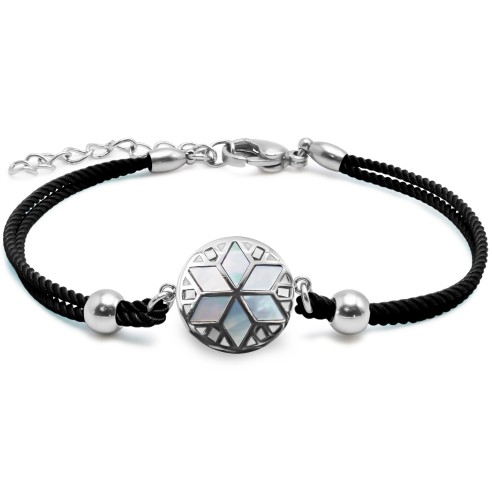 Bracelet acier coton noir - email et nacre - 15+5cm